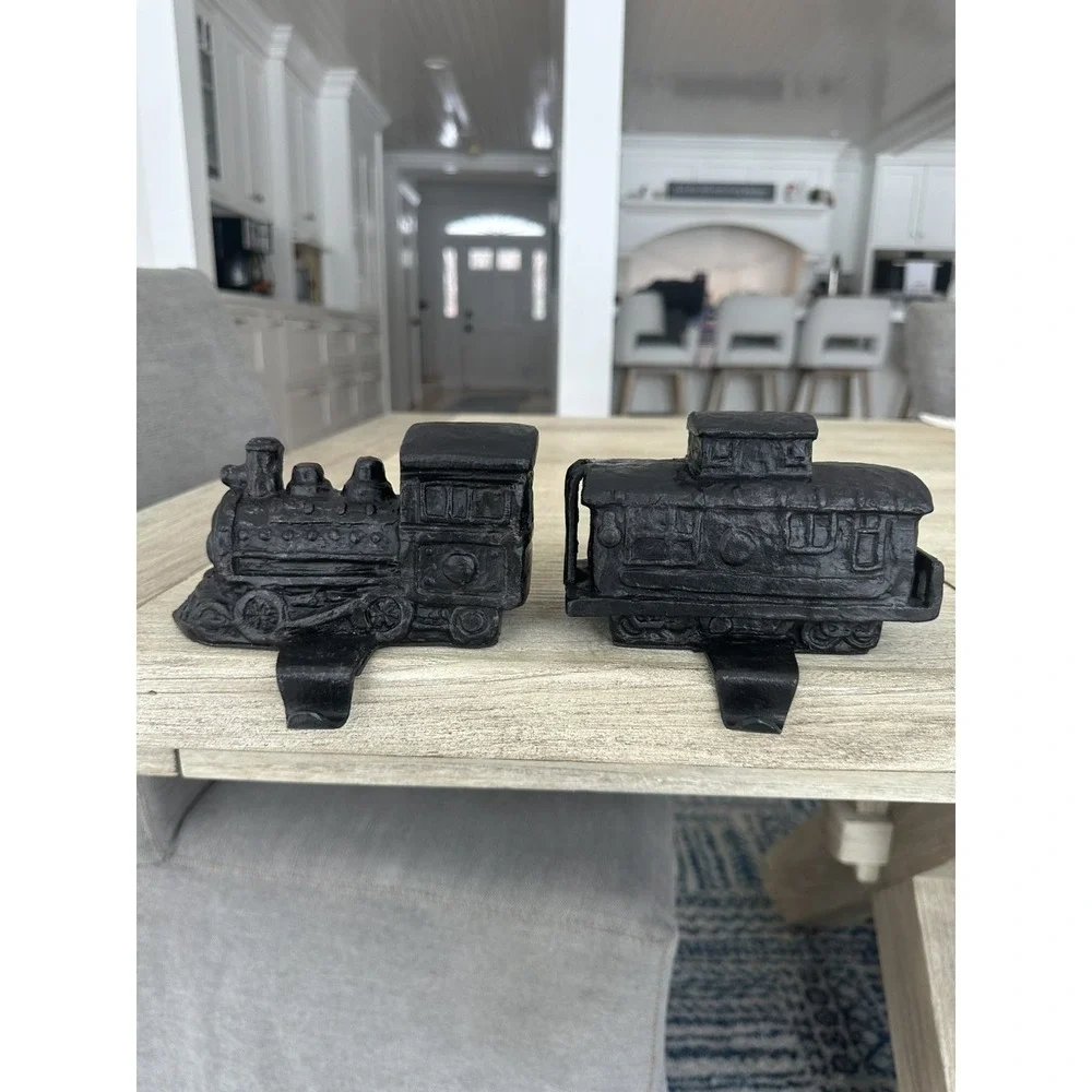 Rustic Black Cast Metal Train Stocking Holders Heavy Duty Set Of 2